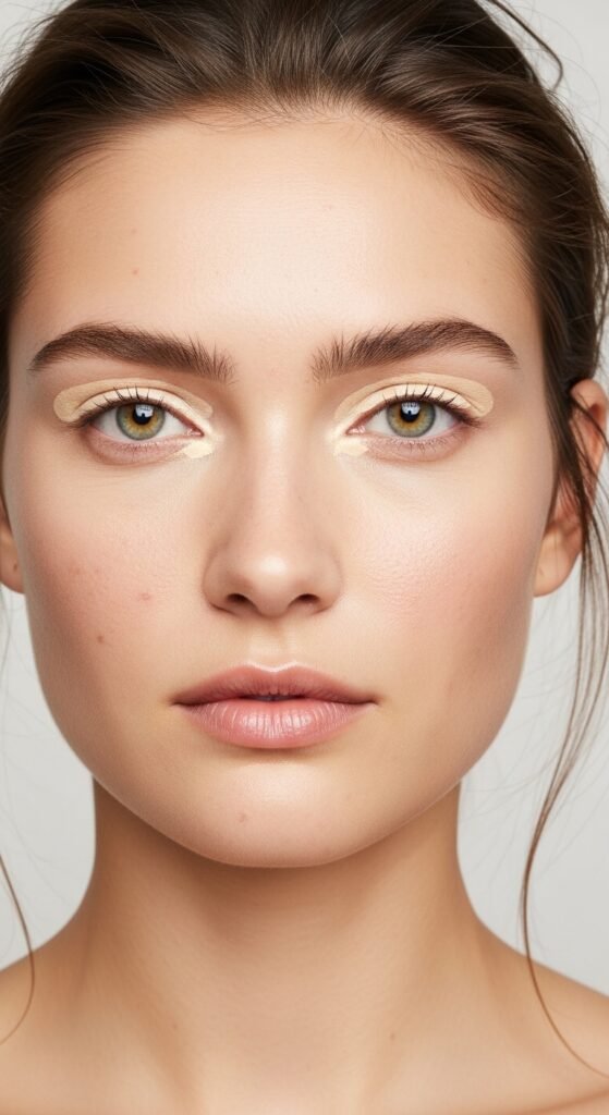 A stunning everyday makeup routine editorial featuring a beautiful woman with effortless natural beauty including glowing dewy skin, soft brows, subtle eye makeup, and flushed blush surrounded by essential makeup products on a white marble vanity, showcasing 18 everyday makeup routine ideas as the ultimate guide to achieving effortless beauty.