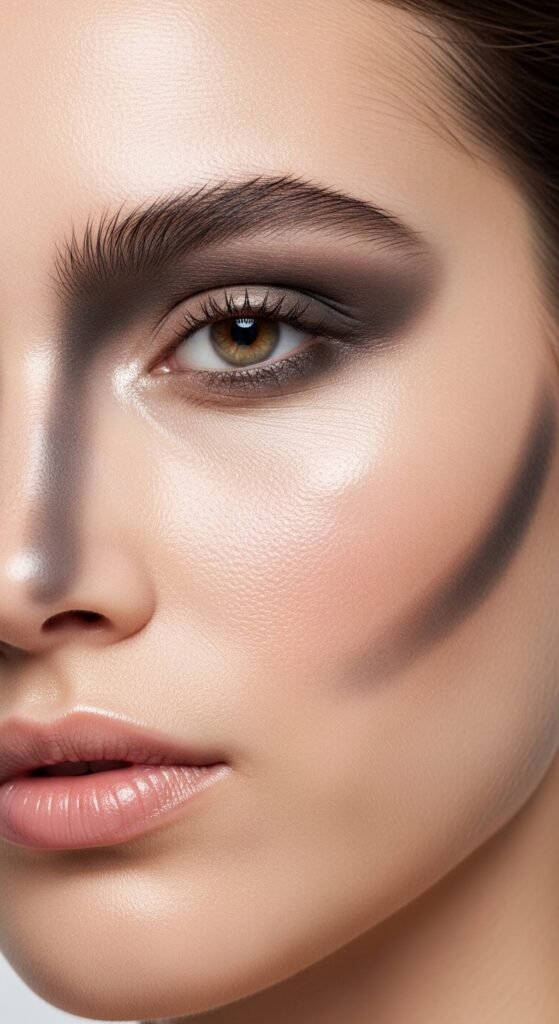 A stunning matte makeup editorial featuring a beautiful woman with a perfectly flawless velvety complexion, soft matte foundation, powdery blush, matte smokey eyes, and blurred matte lip surrounded by elegant matte beauty products, showcasing 15 matte makeup ideas for achieving a flawless and velvety complexion.