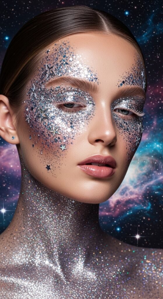 A stunning glamorous bimbocore makeup editorial featuring a beautiful woman with hyper-feminine Y2K inspired beauty including glossy pink lips, glitter eyeshadow, heavy blush, and dewy glowing skin, showcasing 15 bimbocore makeup ideas as the ultimate guide to mastering the hyper-feminine beauty trend.