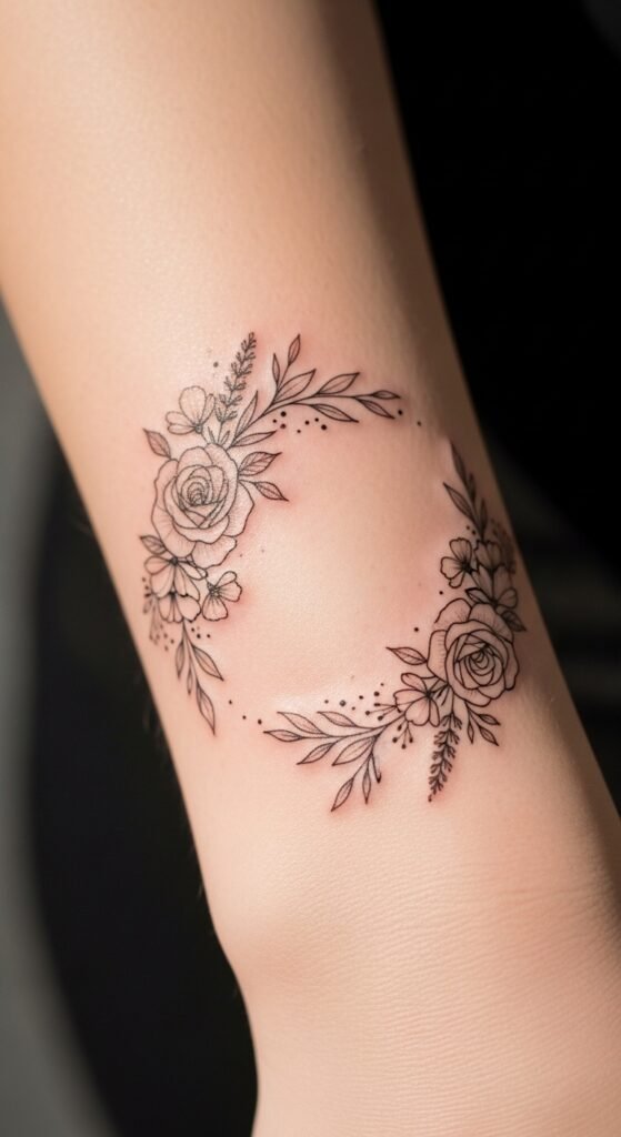 A stunning tattoo editorial featuring a beautiful woman showcasing multiple elegant feminine tattoos including delicate florals, minimalist constellations, botanical designs, and meaningful script on wrist, collarbone, and forearm placements, illustrating 18 tattoos for women ideas as the ultimate guide to finding the perfect ink.