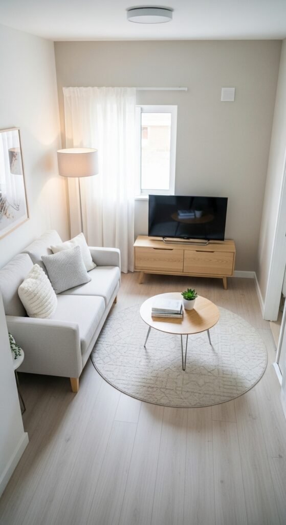 A beautifully designed and maximized small living room featuring multi-functional furniture, large mirrors, high curtains, vertical storage, and a neutral color palette, showcasing 20 small living room decor ideas to help you maximize space and create a stylish and functional home.