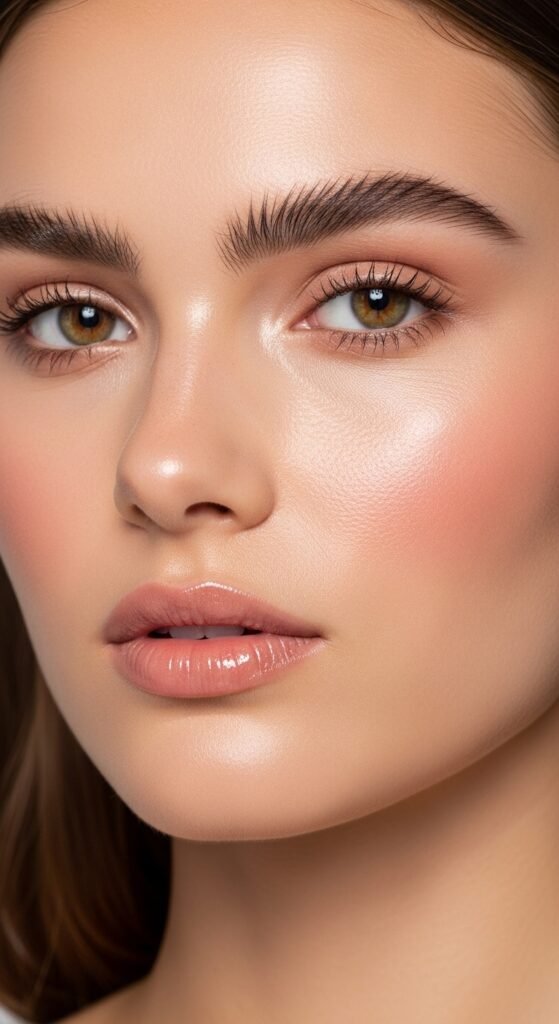 A stunning no mascara makeup editorial featuring a beautiful woman with flawless glowing skin, bold defined brows, colorful graphic liner, glossy lips, and radiant blush all achieved without mascara, showcasing 15 no mascara makeup ideas that prove bare lashes can be absolutely beautiful.