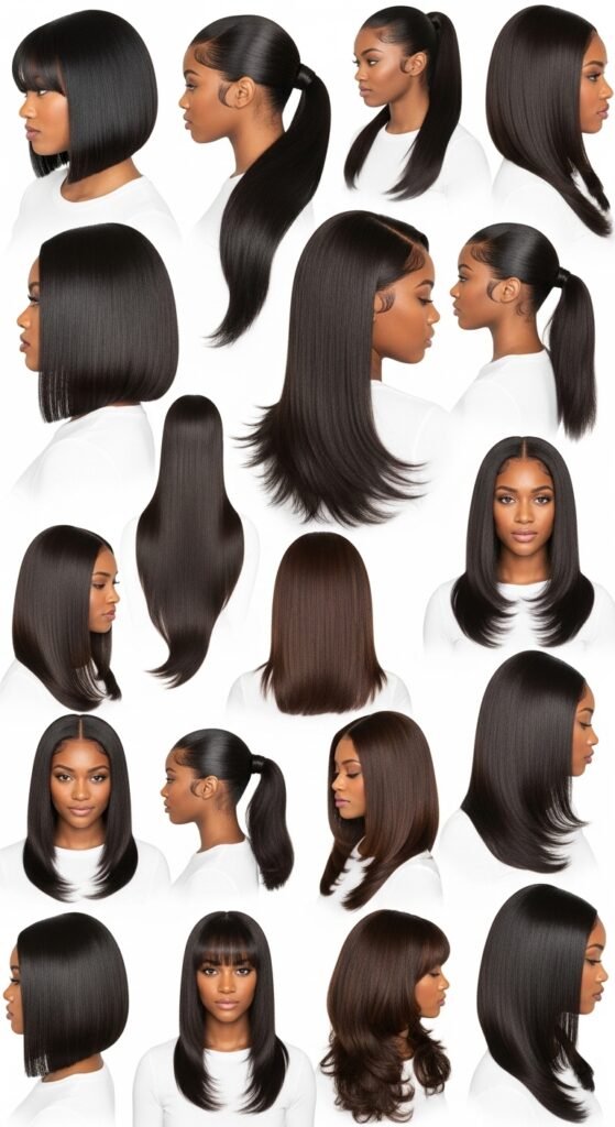 A stunning beauty editorial featuring a gorgeous woman with a flawless sleek straight quick weave hairstyle with perfect shine and movement, showcasing 20 straight quick weave hairstyles ideas for achieving instant glamour and salon-quality results at home.