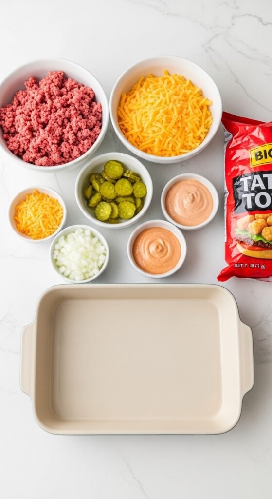 A breathtaking Big Mac tater tot casserole editorial featuring a golden bubbling casserole dish topped with crispy tater tots, melted cheddar cheese, fresh lettuce, diced tomatoes, pickles, and special sauce drizzle on a rustic wooden table, showcasing the ultimate guide to this irresistible comfort food mashup made in heaven.