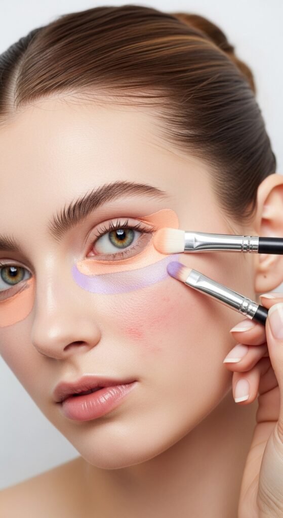 A breathtaking pale brunette makeup editorial featuring a beautiful fair-skinned brunette woman with flawless porcelain complexion, soft rosy blush, taupe smokey eyes, berry lips, and lavender highlighter surrounded by elegant makeup products, showcasing 20 pale brunette makeup ideas to help you embrace your unique beauty with confidence.