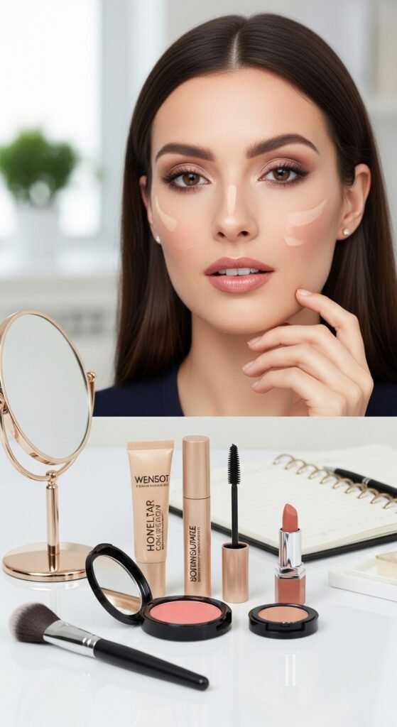 A stunning quick makeup ideas editorial featuring a beautiful woman effortlessly applying minimal makeup at a bright modern vanity surrounded by essential multi-tasking beauty products, showcasing 18 quick makeup ideas to save your morning routine and make effortless beauty achievable every single day.