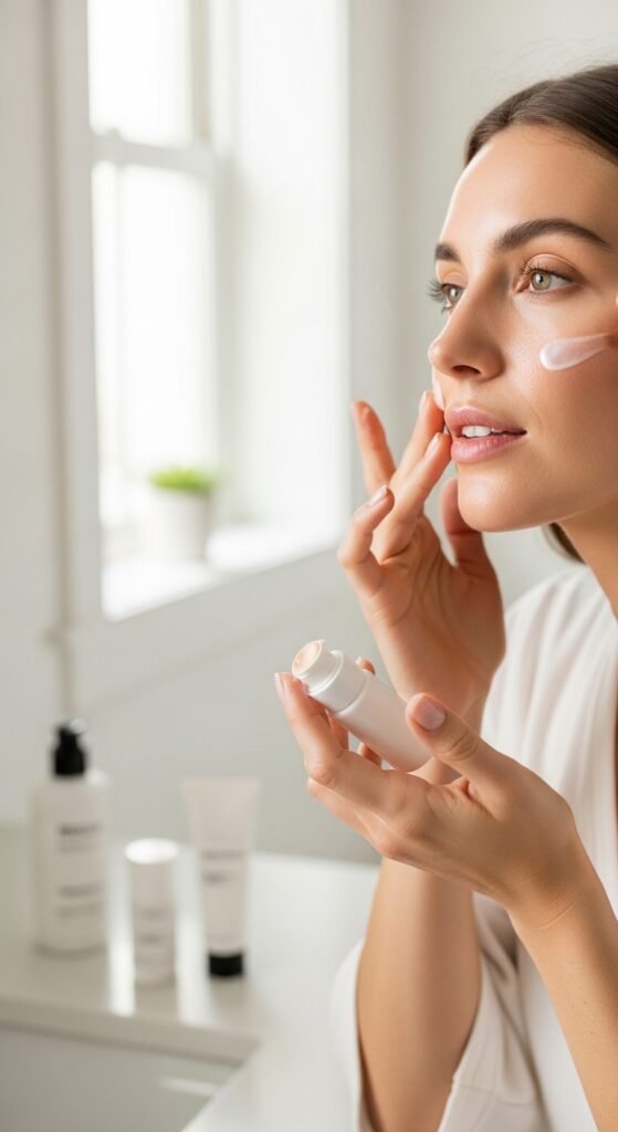 A breathtaking simple natural makeup editorial featuring a beautiful woman with effortlessly glowing dewy skin, groomed feathery brows, soft cream blush, bitten lip stain, and inner corner highlight surrounded by minimal beauty products on white marble, showcasing 20 simple makeup natural ideas as the ultimate guide to achieving effortless everyday beauty.