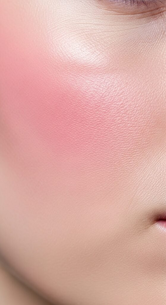 A breathtaking pale skin makeup editorial featuring a stunning fair-skinned woman with flawless porcelain complexion, soft rosy blush, ethereal highlight, subtle smokey eyes, and bold red lip surrounded by elegant makeup products on white marble, showcasing 20 pale skin makeup ideas as a complete guide to achieving flawless and radiant looks.