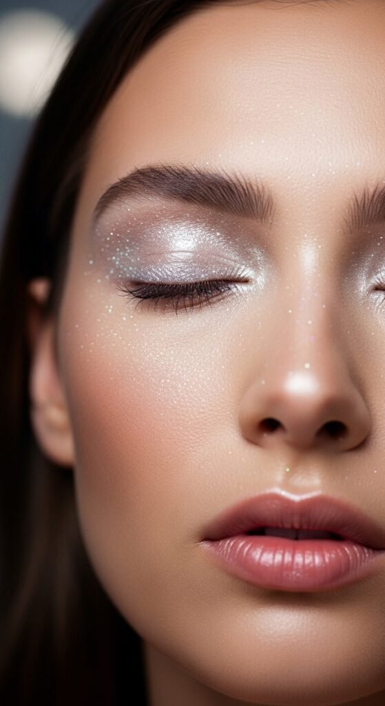 A breathtaking ethereal beauty editorial featuring a stunning woman with luminous glass skin, moonlit shimmer eyeshadow, feathery wispy lashes, softly stained lips, and iridescent hair surrounded by white flowers and crystals, showcasing 15 ethereal beauty ideas to transform your look into breathtaking dreamlike art.