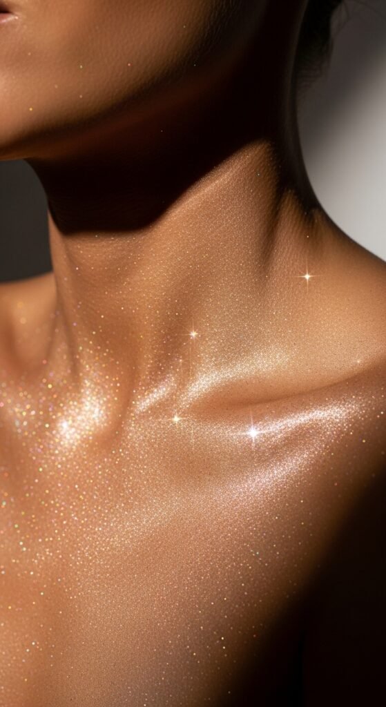 A stunning glamorous McBling makeup editorial featuring a beautiful woman with full Y2K inspired beauty including frosty eyeshadow, metallic foiled lids, glossy lips, shimmery blush, face gems, and chunky highlights, showcasing 18 McBling makeup ideas as a complete guide to mastering the most iconic Y2K makeup trends.