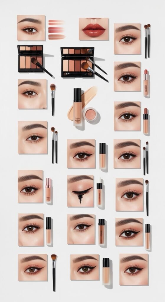 A breathtaking Korean makeup look editorial featuring a beautiful woman with flawless dewy glass skin, soft gradient lips, straight brows, puppy liner, and luminous K-beauty glow surrounded by elegant Korean beauty products, showcasing 20 Korean makeup look ideas as the ultimate guide to achieving the coveted K-beauty glow.