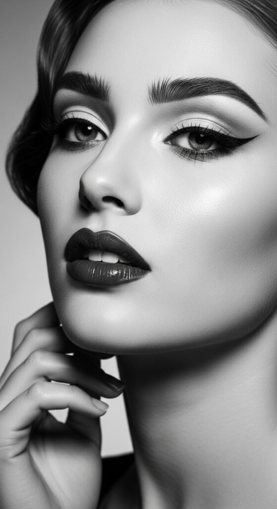 A breathtaking glam makeup look editorial featuring a stunning woman with dramatic smokey eyes, blinding highlighter, bold lips, graphic liner, and flawless skin surrounded by luxury makeup products on black marble, showcasing 15 glam makeup look ideas to elevate your beauty routine to the next level.