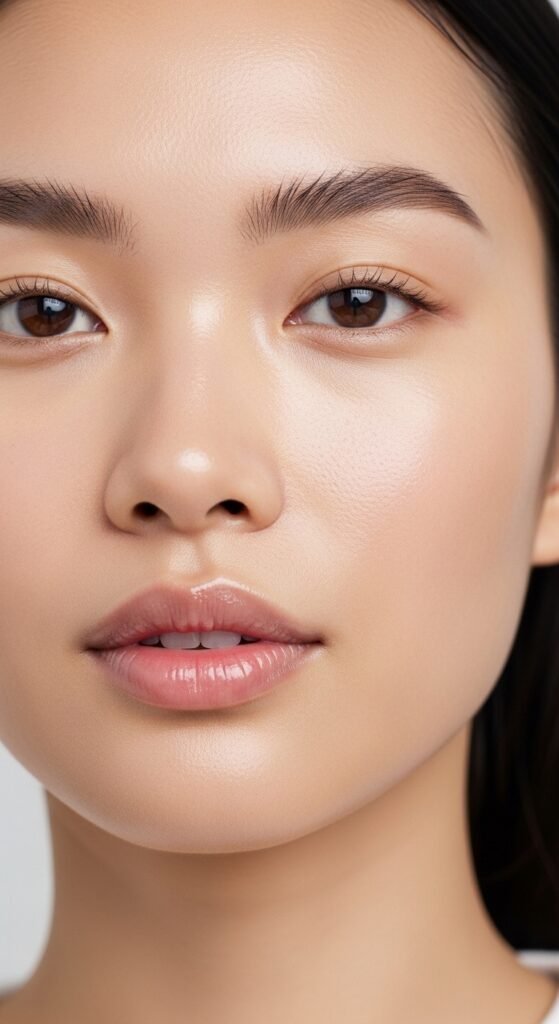 A breathtaking Korean makeup look editorial featuring a beautiful woman with flawless dewy glass skin, soft gradient lips, straight brows, puppy liner, and luminous K-beauty glow surrounded by elegant Korean beauty products, showcasing 20 Korean makeup look ideas as the ultimate guide to achieving the coveted K-beauty glow.