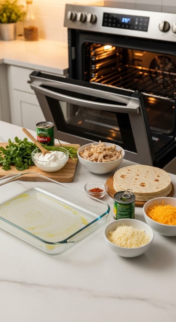 A breathtaking sour cream chicken enchilada recipe editorial featuring a stunning baking dish of golden baked enchiladas smothered in rich creamy white sauce, melted cheese, fresh cilantro, and jalapeños on a rustic wooden table, showcasing the ultimate guide to making the most delicious and authentic sour cream chicken enchilada recipe at home.