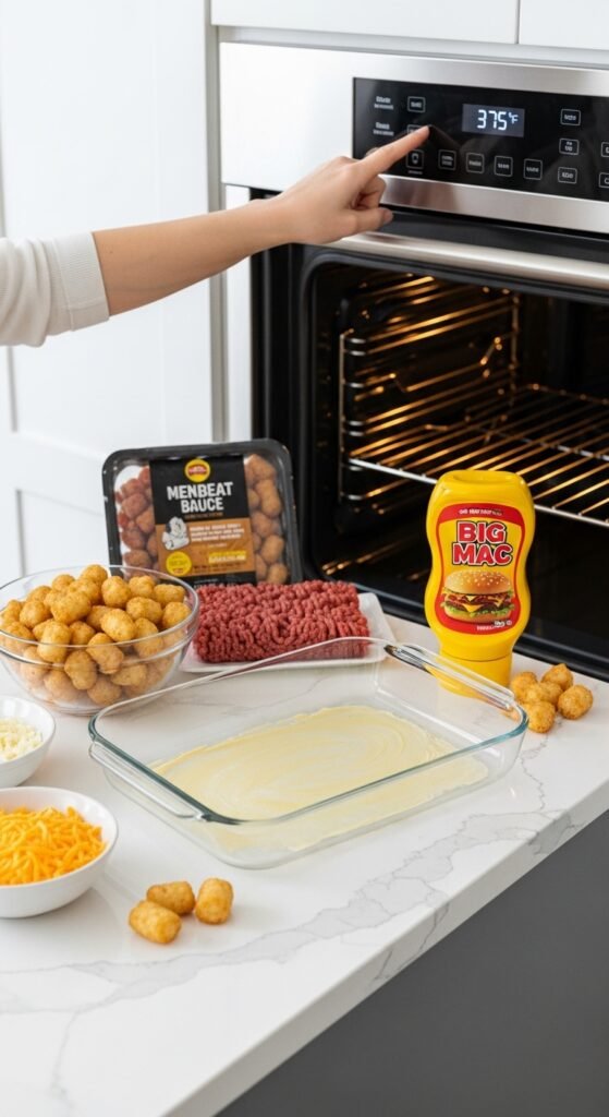 A breathtaking Big Mac tater tot casserole editorial featuring a golden bubbling casserole dish topped with crispy tater tots, melted cheddar cheese, fresh lettuce, diced tomatoes, pickles, and special sauce drizzle on a rustic wooden table, showcasing the ultimate guide to this irresistible comfort food mashup made in heaven.