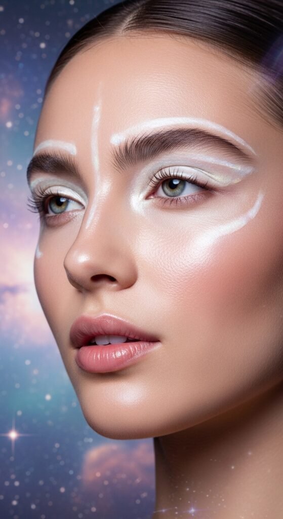 A breathtaking ethereal beauty editorial featuring a stunning woman with luminous glass skin, moonlit shimmer eyeshadow, feathery wispy lashes, softly stained lips, and iridescent hair surrounded by white flowers and crystals, showcasing 15 ethereal beauty ideas to transform your look into breathtaking dreamlike art.