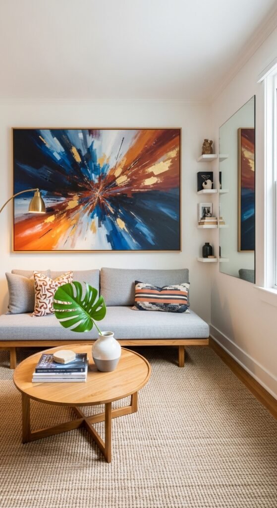 A beautifully designed and maximized small living room featuring multi-functional furniture, large mirrors, high curtains, vertical storage, and a neutral color palette, showcasing 20 small living room decor ideas to help you maximize space and create a stylish and functional home.