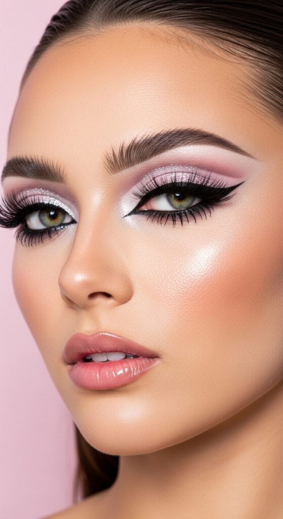 A stunning glamorous McBling makeup editorial featuring a beautiful woman with full Y2K inspired beauty including frosty eyeshadow, metallic foiled lids, glossy lips, shimmery blush, face gems, and chunky highlights, showcasing 18 McBling makeup ideas as a complete guide to mastering the most iconic Y2K makeup trends.