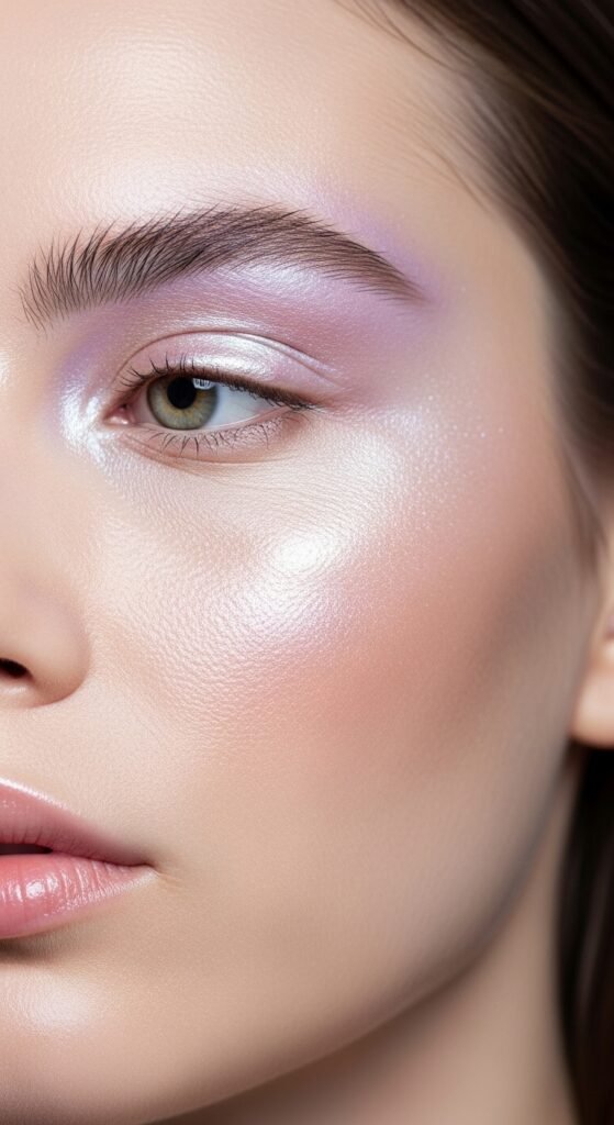 A breathtaking pale skin makeup editorial featuring a stunning fair-skinned woman with flawless porcelain complexion, soft rosy blush, ethereal highlight, subtle smokey eyes, and bold red lip surrounded by elegant makeup products on white marble, showcasing 20 pale skin makeup ideas as a complete guide to achieving flawless and radiant looks.