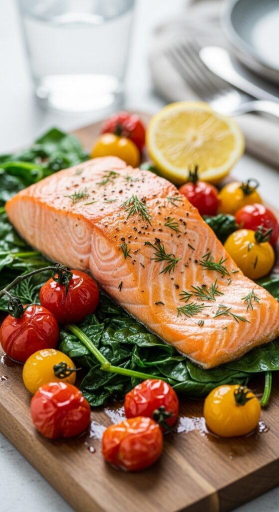 A breathtaking easy salmon recipes baked editorial featuring a stunning spread of golden baked salmon dishes including garlic butter, parmesan herb crusted, lemon pepper, and Mediterranean styles on a rustic wooden table with fresh lemon and dill, showcasing the ultimate guide to foolproof and flavorful easy baked salmon meals.