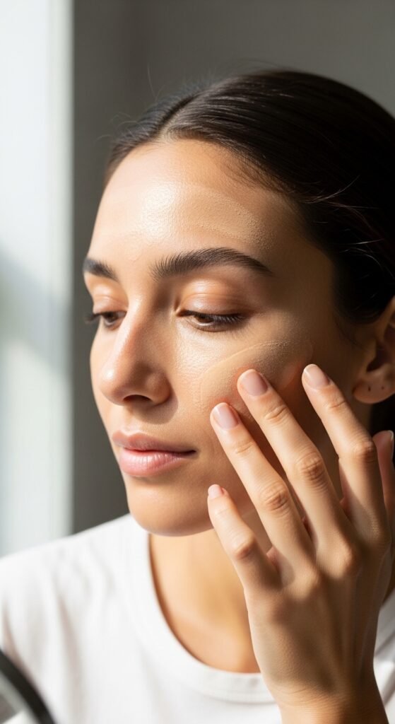 A breathtaking simple natural makeup editorial featuring a beautiful woman with effortlessly glowing dewy skin, groomed feathery brows, soft cream blush, bitten lip stain, and inner corner highlight surrounded by minimal beauty products on white marble, showcasing 20 simple makeup natural ideas as the ultimate guide to achieving effortless everyday beauty.
