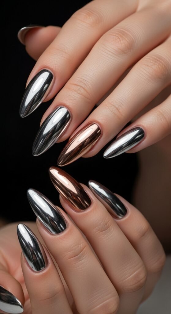 A stunning beauty editorial featuring beautifully manicured hands showcasing multiple cool nail art designs including chrome effects, pressed flowers, geometric patterns, and glitter ombre on a white marble surface, illustrating 15 cool nails ideas as a complete guide to achieving stunning and creative manicures.