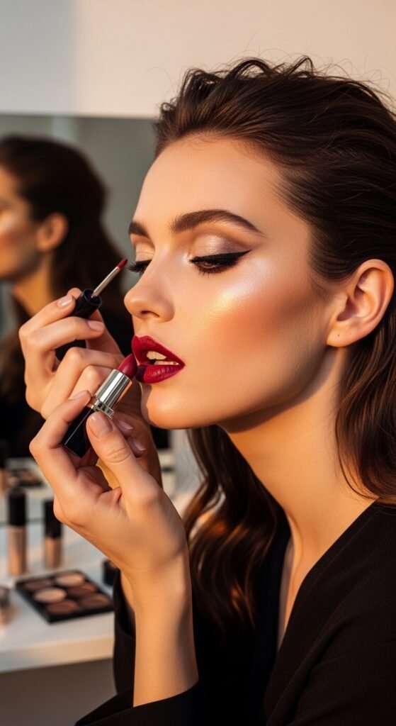 A stunning quick makeup ideas editorial featuring a beautiful woman effortlessly applying minimal makeup at a bright modern vanity surrounded by essential multi-tasking beauty products, showcasing 18 quick makeup ideas to save your morning routine and make effortless beauty achievable every single day.