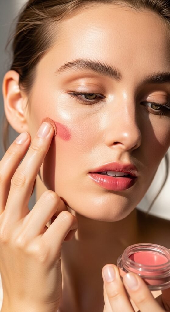 A breathtaking makeup tutorial editorial featuring a beautiful woman with a perfectly flawless face including glowing skin, defined eyes, sculpted cheeks, and polished lips surrounded by makeup brushes and products on a white marble vanity, serving as your ultimate friendly guide to achieving a flawless face with confidence.