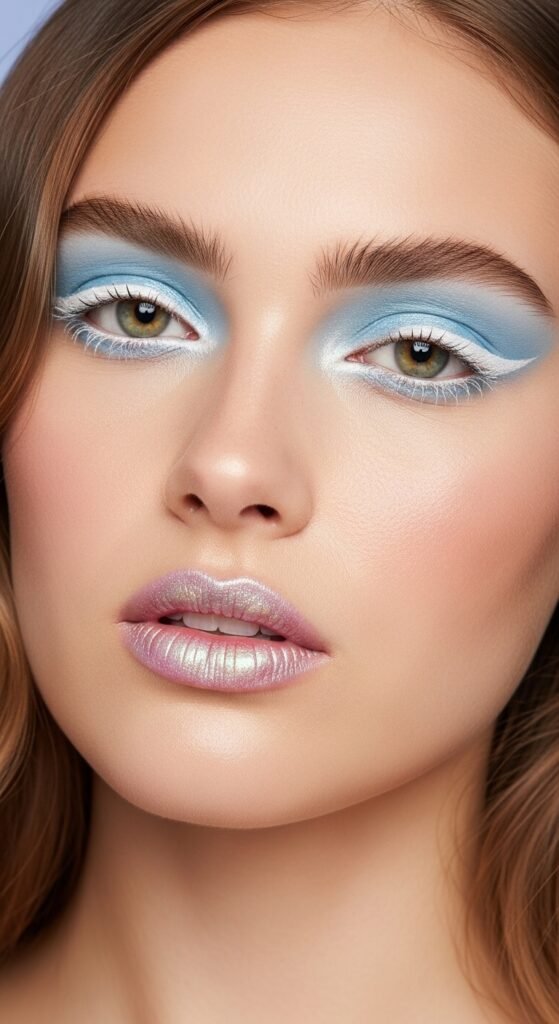 A stunning glamorous bimbocore makeup editorial featuring a beautiful woman with hyper-feminine Y2K inspired beauty including glossy pink lips, glitter eyeshadow, heavy blush, and dewy glowing skin, showcasing 15 bimbocore makeup ideas as the ultimate guide to mastering the hyper-feminine beauty trend.