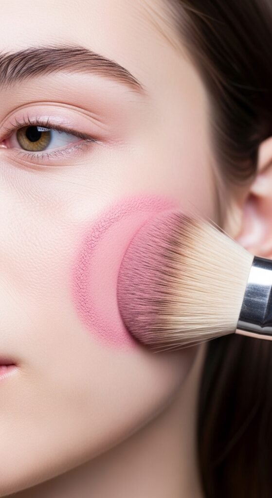 A breathtaking pale brunette makeup editorial featuring a beautiful fair-skinned brunette woman with flawless porcelain complexion, soft rosy blush, taupe smokey eyes, berry lips, and lavender highlighter surrounded by elegant makeup products, showcasing 20 pale brunette makeup ideas to help you embrace your unique beauty with confidence.