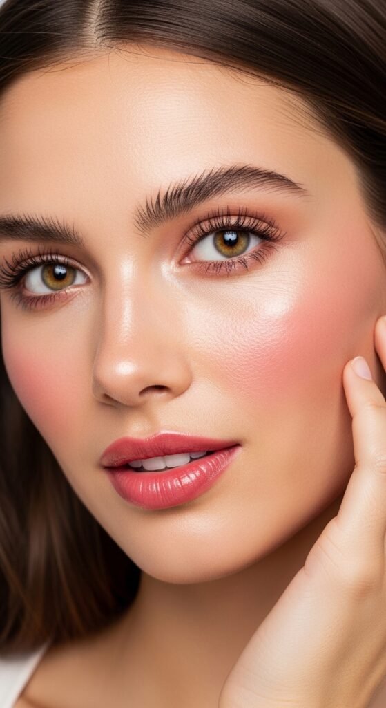 A stunning no mascara makeup editorial featuring a beautiful woman with flawless glowing skin, bold defined brows, colorful graphic liner, glossy lips, and radiant blush all achieved without mascara, showcasing 15 no mascara makeup ideas that prove bare lashes can be absolutely beautiful.