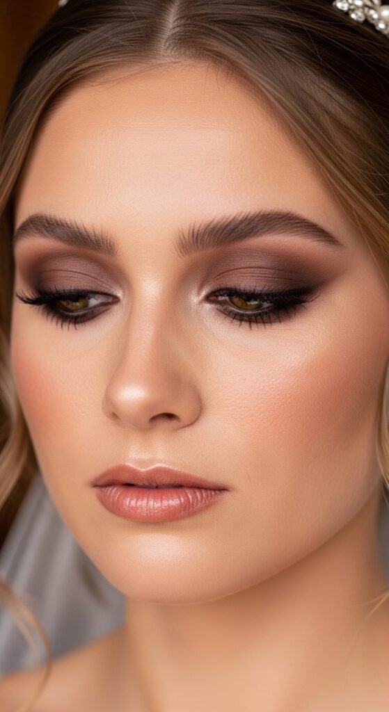 
A breathtaking natural bridal makeup editorial featuring a beautiful bride with effortless glowing skin, soft dewy complexion, rosy blush, defined brows, and barely-there shimmer surrounded by elegant bridal beauty products and fresh white flowers, showcasing 16 natural bridal makeup ideas for 2026 as the ultimate guide to effortless bridal beauty.