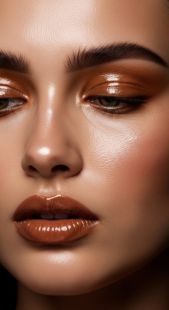 A breathtaking glam makeup look editorial featuring a stunning woman with dramatic smokey eyes, blinding highlighter, bold lips, graphic liner, and flawless skin surrounded by luxury makeup products on black marble, showcasing 15 glam makeup look ideas to elevate your beauty routine to the next level.