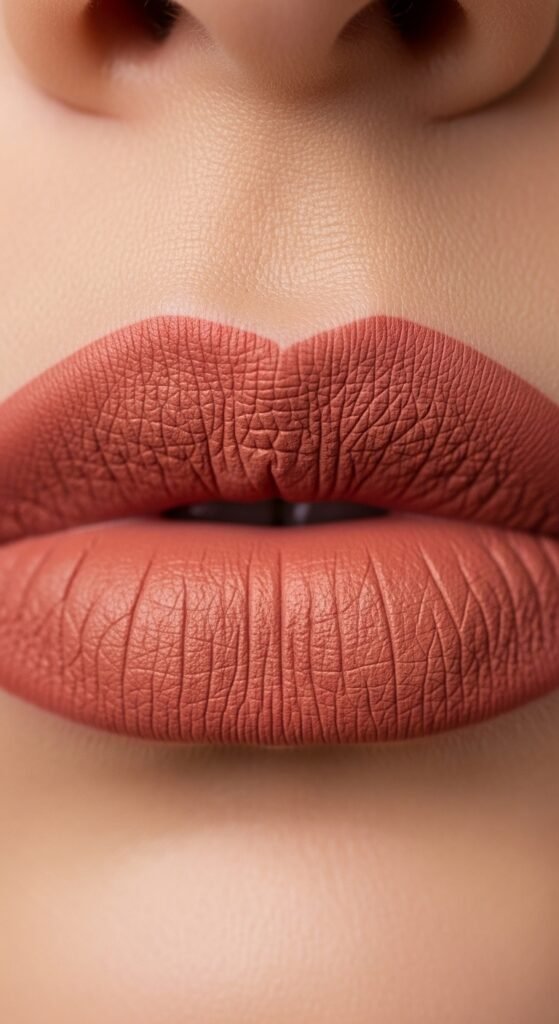 A stunning matte makeup editorial featuring a beautiful woman with a perfectly flawless velvety complexion, soft matte foundation, powdery blush, matte smokey eyes, and blurred matte lip surrounded by elegant matte beauty products, showcasing 15 matte makeup ideas for achieving a flawless and velvety complexion.