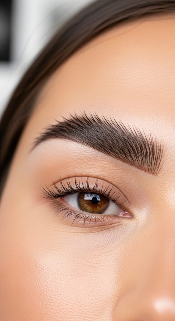 A stunning everyday makeup routine editorial featuring a beautiful woman with effortless natural beauty including glowing dewy skin, soft brows, subtle eye makeup, and flushed blush surrounded by essential makeup products on a white marble vanity, showcasing 18 everyday makeup routine ideas as the ultimate guide to achieving effortless beauty.