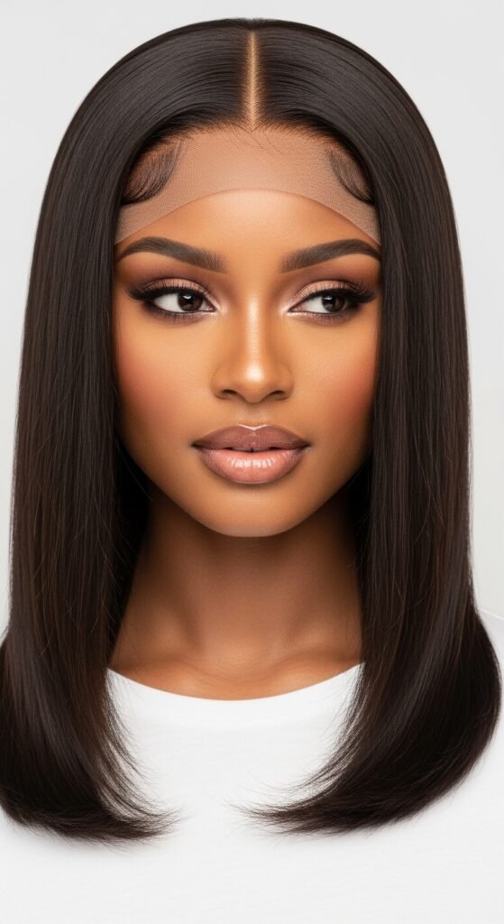 A stunning beauty editorial featuring a gorgeous woman with a flawless sleek straight quick weave hairstyle with perfect shine and movement, showcasing 20 straight quick weave hairstyles ideas for achieving instant glamour and salon-quality results at home.