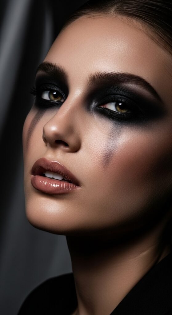 A breathtaking glamour makeup looks editorial featuring a stunning woman with dramatic smokey eyes, bold red lips, blinding highlighter, jewel-toned eyeshadow, and flawless skin surrounded by luxury makeup products, showcasing 17 glamour makeup looks ideas as the ultimate guide to achieving stunning and unforgettable beauty.