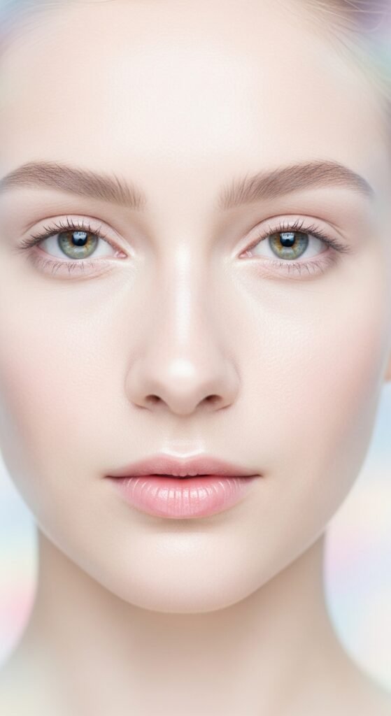 A breathtaking ethereal beauty editorial featuring a stunning woman with luminous glass skin, moonlit shimmer eyeshadow, feathery wispy lashes, softly stained lips, and iridescent hair surrounded by white flowers and crystals, showcasing 15 ethereal beauty ideas to transform your look into breathtaking dreamlike art.