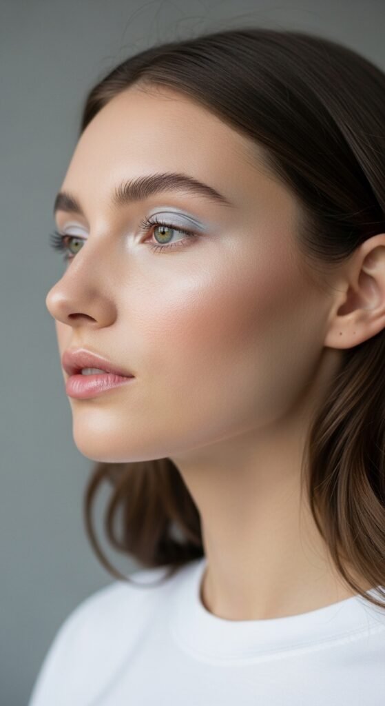 A breathtaking pale brunette makeup editorial featuring a beautiful fair-skinned brunette woman with flawless porcelain complexion, soft rosy blush, taupe smokey eyes, berry lips, and lavender highlighter surrounded by elegant makeup products, showcasing 20 pale brunette makeup ideas to help you embrace your unique beauty with confidence.