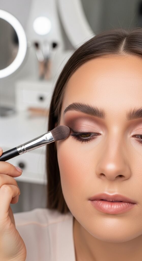 A breathtaking makeup tutorial editorial featuring a beautiful woman with a perfectly flawless face including glowing skin, defined eyes, sculpted cheeks, and polished lips surrounded by makeup brushes and products on a white marble vanity, serving as your ultimate friendly guide to achieving a flawless face with confidence.