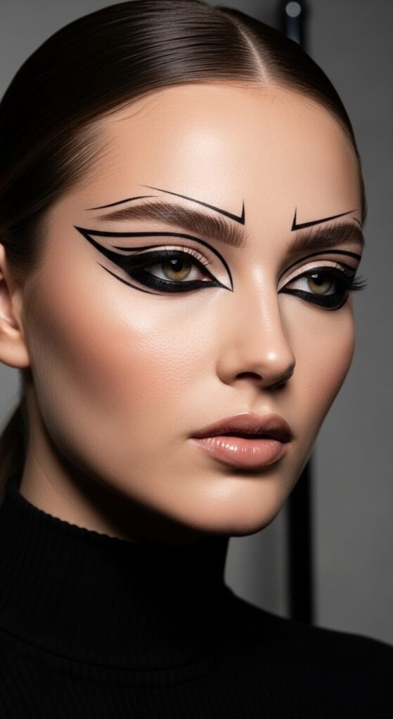 A breathtaking glam makeup look editorial featuring a stunning woman with dramatic smokey eyes, blinding highlighter, bold lips, graphic liner, and flawless skin surrounded by luxury makeup products on black marble, showcasing 15 glam makeup look ideas to elevate your beauty routine to the next level.