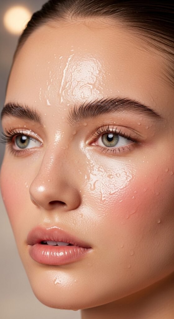 A breathtaking Korean makeup look editorial featuring a beautiful woman with flawless dewy glass skin, soft gradient lips, straight brows, puppy liner, and luminous K-beauty glow surrounded by elegant Korean beauty products, showcasing 20 Korean makeup look ideas as the ultimate guide to achieving the coveted K-beauty glow.