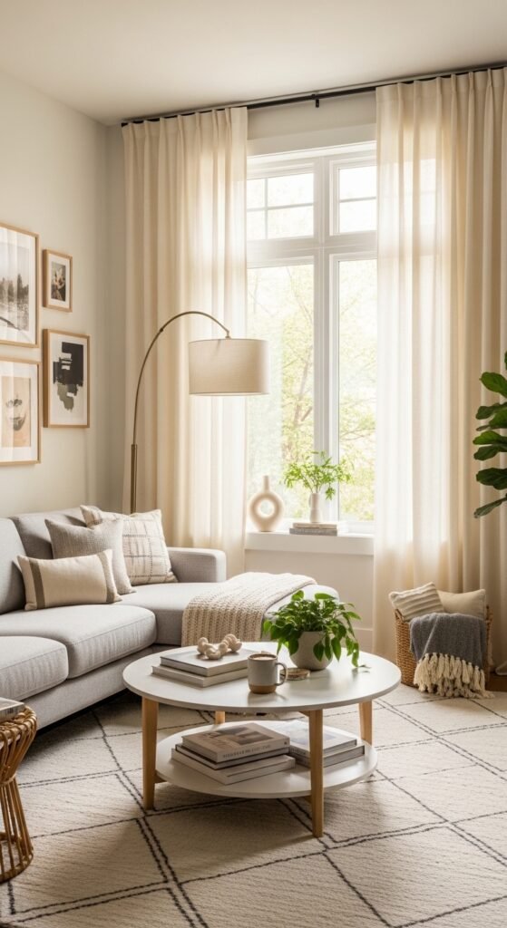 A beautifully designed and maximized small living room featuring multi-functional furniture, large mirrors, high curtains, vertical storage, and a neutral color palette, showcasing 20 small living room decor ideas to help you maximize space and create a stylish and functional home.