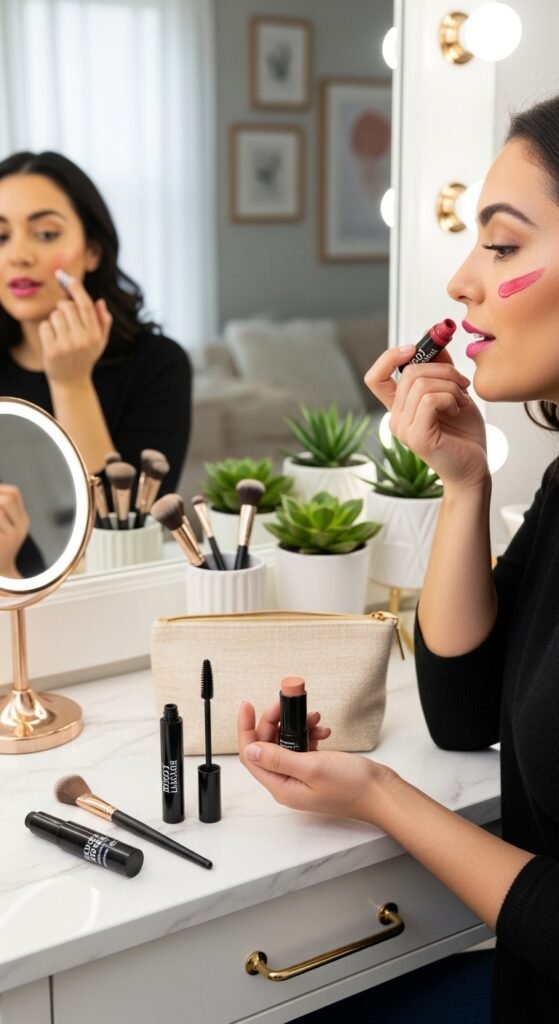 A stunning quick makeup ideas editorial featuring a beautiful woman effortlessly applying minimal makeup at a bright modern vanity surrounded by essential multi-tasking beauty products, showcasing 18 quick makeup ideas to save your morning routine and make effortless beauty achievable every single day.