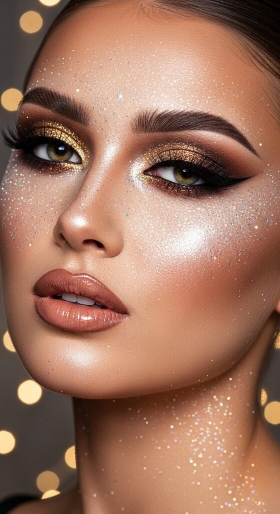 A breathtaking glamour makeup looks editorial featuring a stunning woman with dramatic smokey eyes, bold red lips, blinding highlighter, jewel-toned eyeshadow, and flawless skin surrounded by luxury makeup products, showcasing 17 glamour makeup looks ideas as the ultimate guide to achieving stunning and unforgettable beauty.