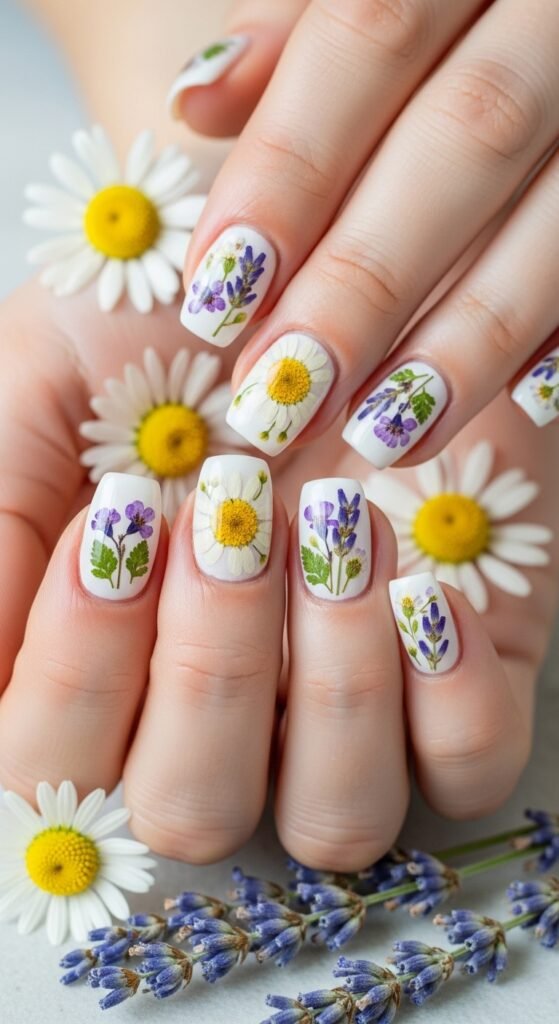 A stunning beauty editorial featuring beautifully manicured hands showcasing multiple cool nail art designs including chrome effects, pressed flowers, geometric patterns, and glitter ombre on a white marble surface, illustrating 15 cool nails ideas as a complete guide to achieving stunning and creative manicures.