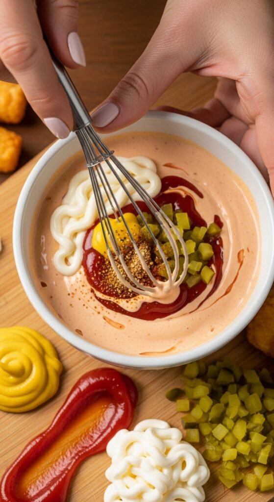 A breathtaking Big Mac tater tot casserole editorial featuring a golden bubbling casserole dish topped with crispy tater tots, melted cheddar cheese, fresh lettuce, diced tomatoes, pickles, and special sauce drizzle on a rustic wooden table, showcasing the ultimate guide to this irresistible comfort food mashup made in heaven.
