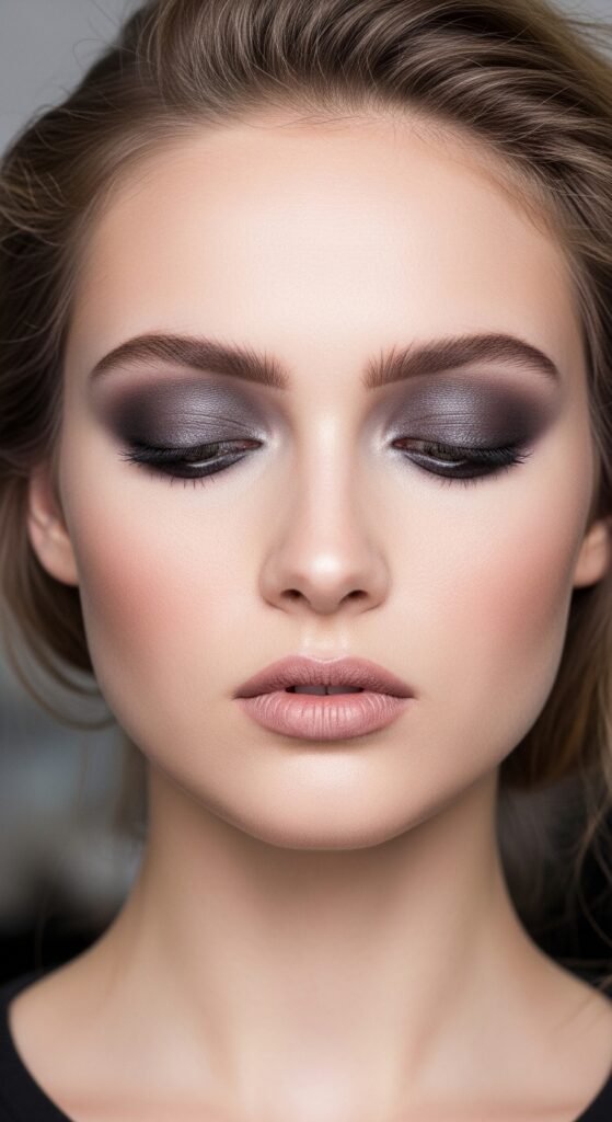 A breathtaking pale skin makeup editorial featuring a stunning fair-skinned woman with flawless porcelain complexion, soft rosy blush, ethereal highlight, subtle smokey eyes, and bold red lip surrounded by elegant makeup products on white marble, showcasing 20 pale skin makeup ideas as a complete guide to achieving flawless and radiant looks.