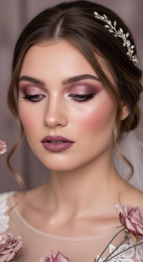 
A breathtaking natural bridal makeup editorial featuring a beautiful bride with effortless glowing skin, soft dewy complexion, rosy blush, defined brows, and barely-there shimmer surrounded by elegant bridal beauty products and fresh white flowers, showcasing 16 natural bridal makeup ideas for 2026 as the ultimate guide to effortless bridal beauty.