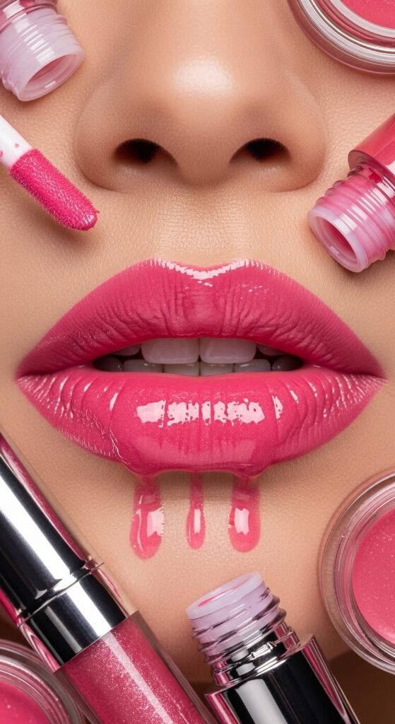 A stunning glamorous bimbocore makeup editorial featuring a beautiful woman with hyper-feminine Y2K inspired beauty including glossy pink lips, glitter eyeshadow, heavy blush, and dewy glowing skin, showcasing 15 bimbocore makeup ideas as the ultimate guide to mastering the hyper-feminine beauty trend.